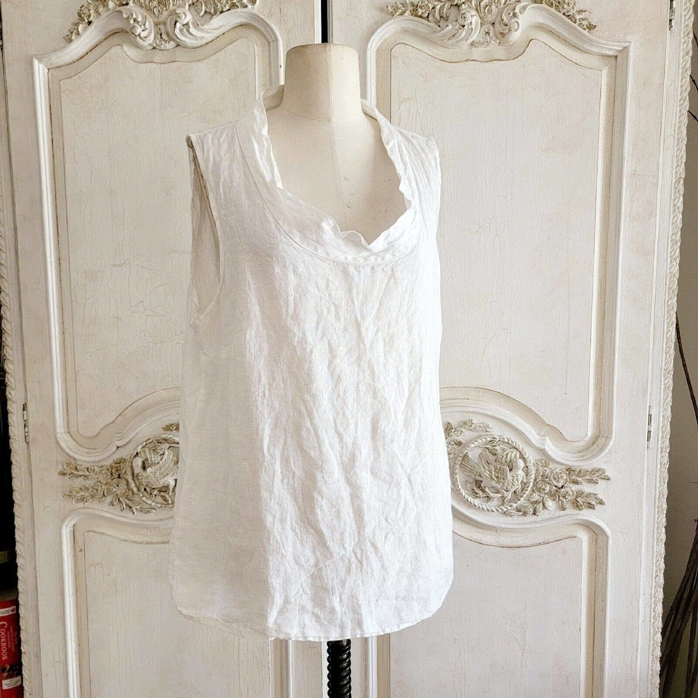 Flax White Sleeveless Linen Round Collared Top M